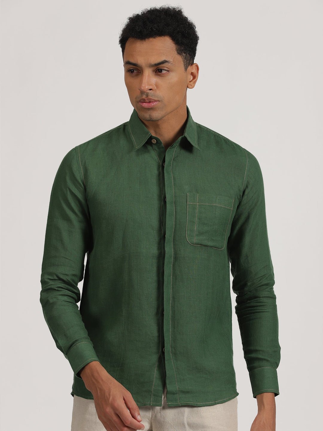 Paul - Pure Linen Stitch Detailed Full Sleeve Shirt - Dark Green | Rescue