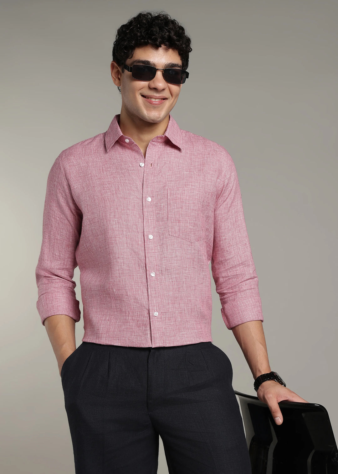 Harvey - Pure Linen Full Sleeve Shirt - Red Houndstooth