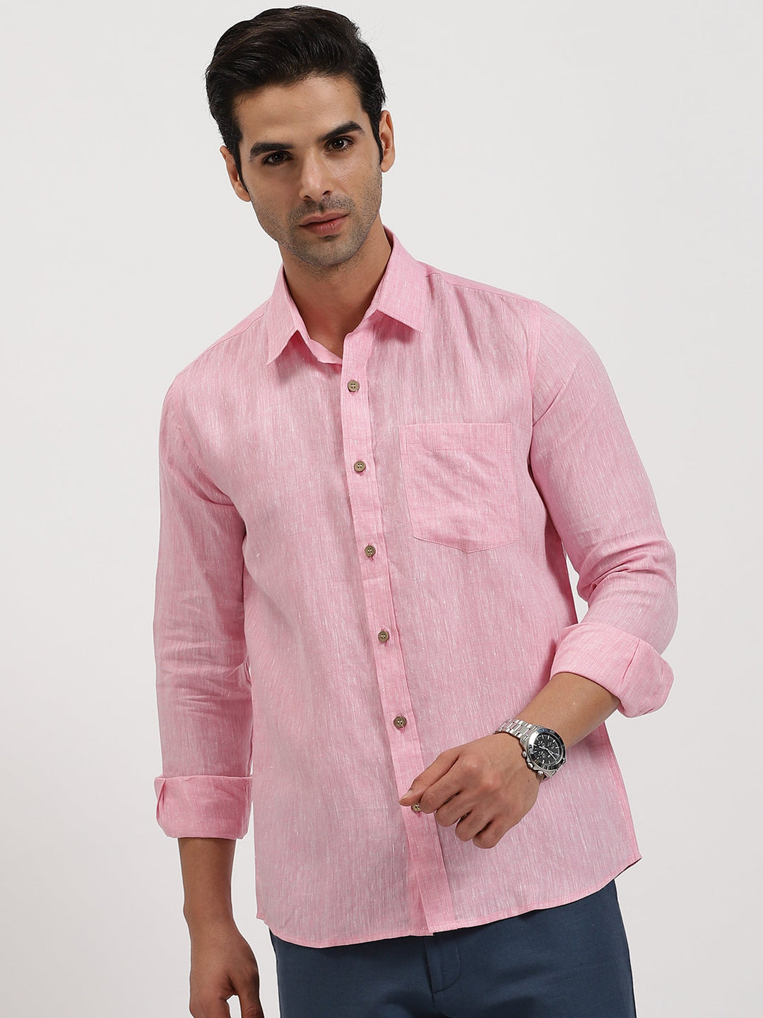 Bryce - Pure Linen Chambray Long Sleeve Shirt - Pink | Rescue