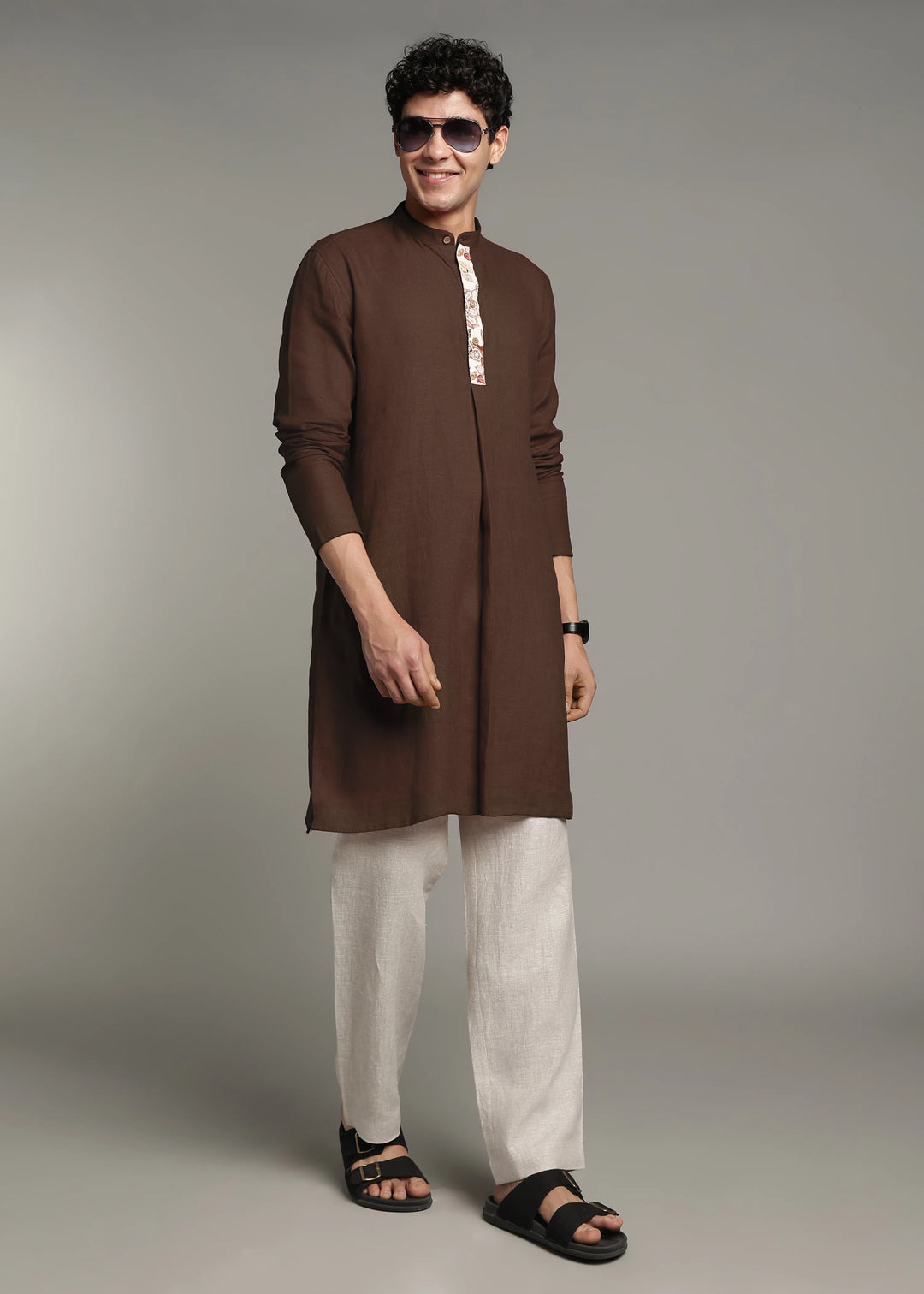 Vansh - Pure Linen Regular Kurta with Printed Placket detail - Coffee Brown