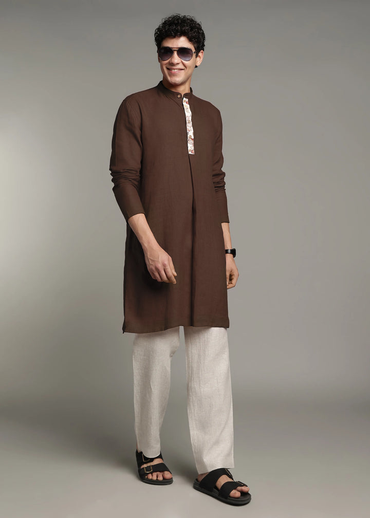 Vansh - Pure Linen Regular Kurta with Printed Placket detail - Coffee Brown