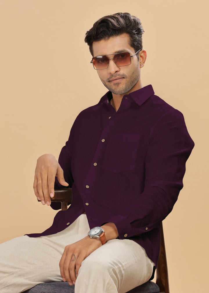 Ted - Pure Linen Full Sleeve Shirt - Dark Purple