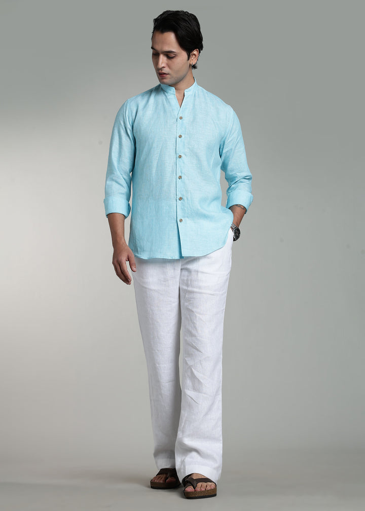 Craig - Pure Linen V Neck Full Sleeve Shirt - Blue Chambray