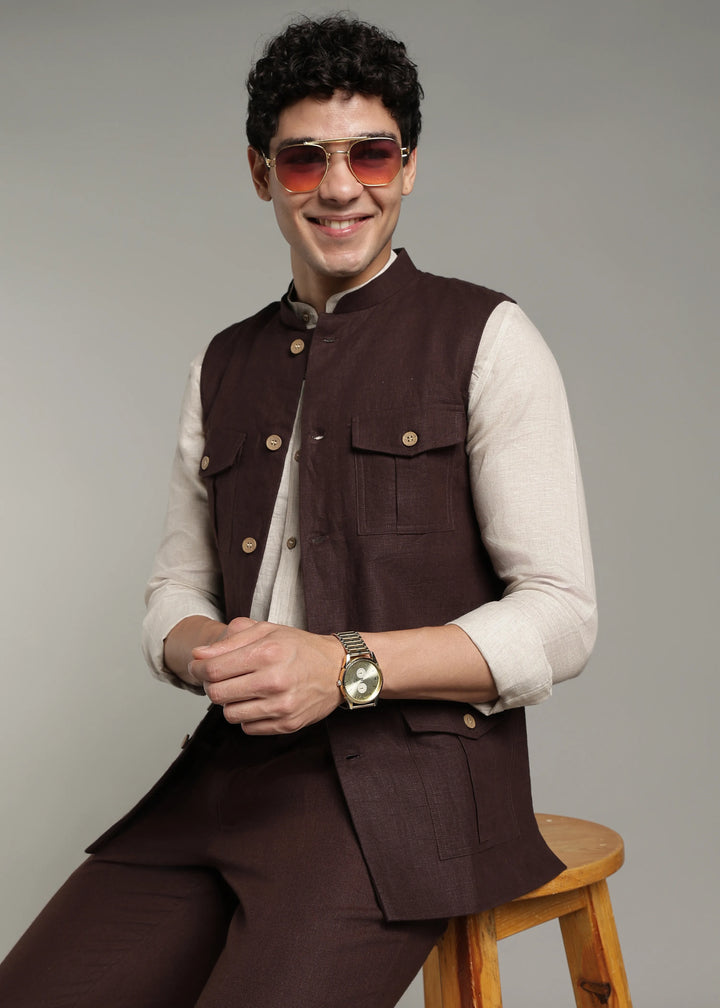 Safar - Multi Pocket Pure Linen Nehru Jacket - Cocoa Brown