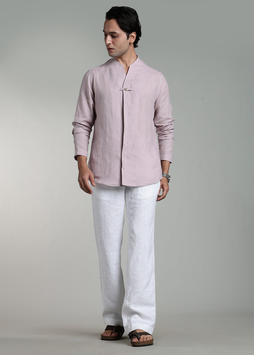 Reno - Pure Linen Full Sleeve Collarless Shirt  - Cameo Pink