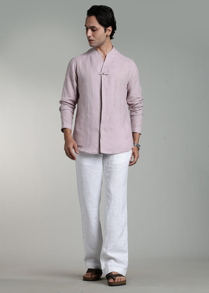 Reno - Pure Linen Full Sleeve Collarless Shirt  - Cameo Pink