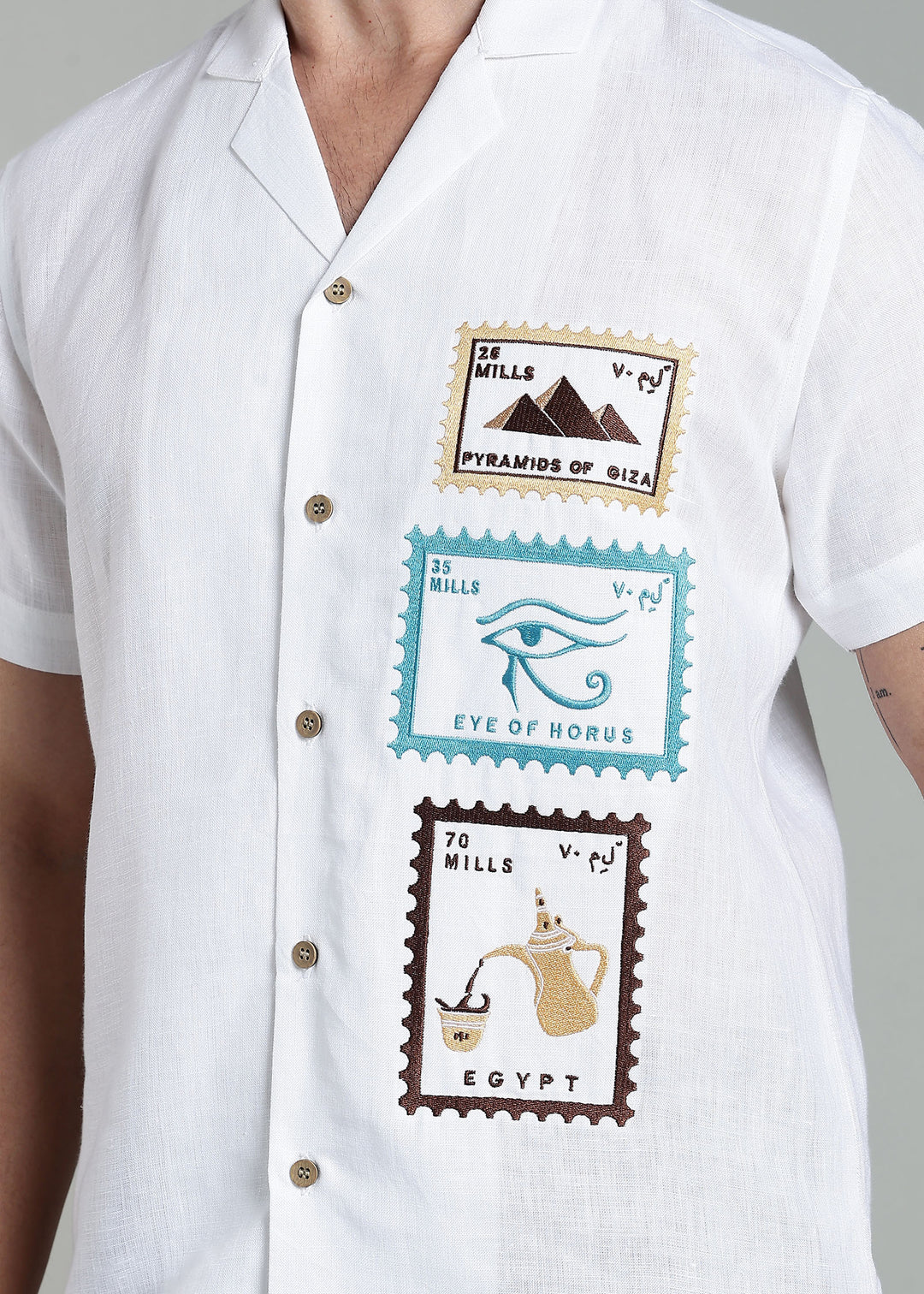 Serq - Pure Linen Half Sleeve Cuban Collar Shirt with Egypt Inspired Embroidery - White
