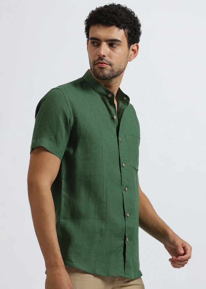 Trevor - Pure Linen Mandarin Collar Half Sleeve Shirt - Dark Green