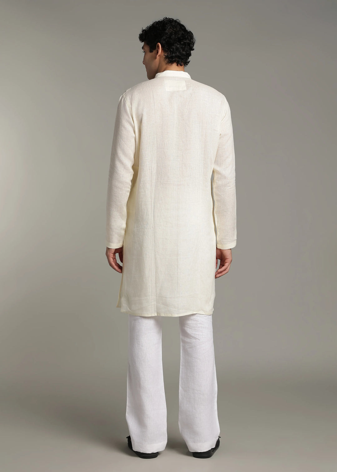 Taj - Pure Linen Long Kurta with Yolk Stitch Detail and Mother Of Pearl Buttons - Creme White