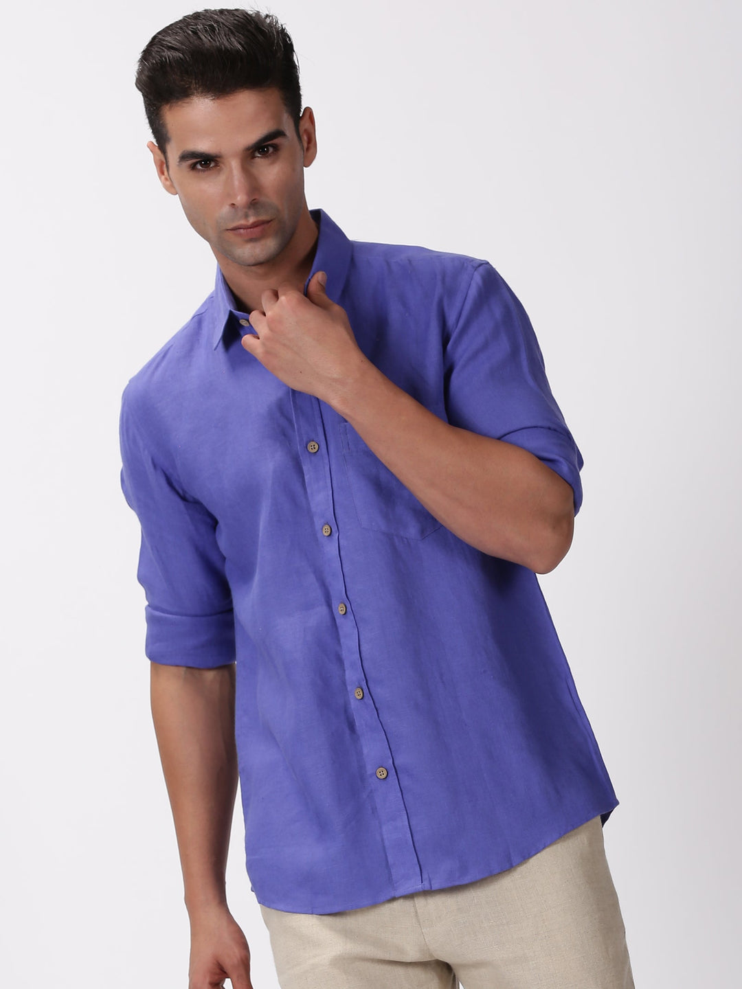 Kian - Pure Linen Regular Collar Full Sleeve Shirt - Iris Purple | Rescue