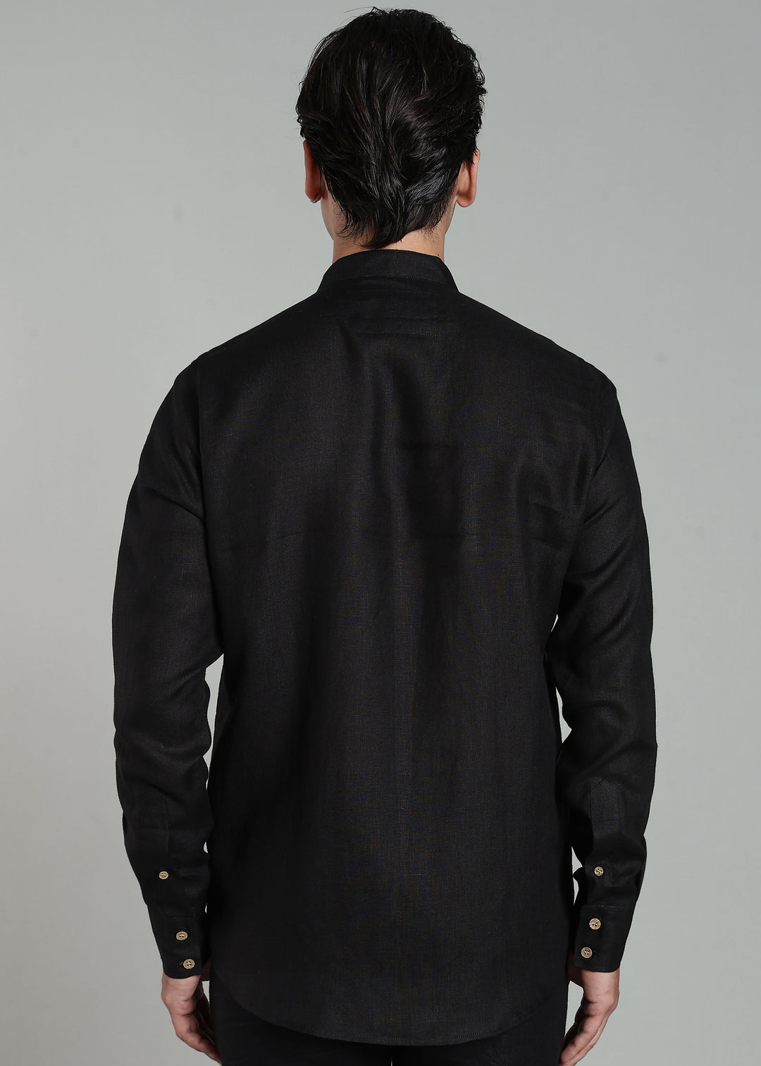 Flint - Pure Linen Shirt with Mandarin Collar & Trio Button Detail - Black