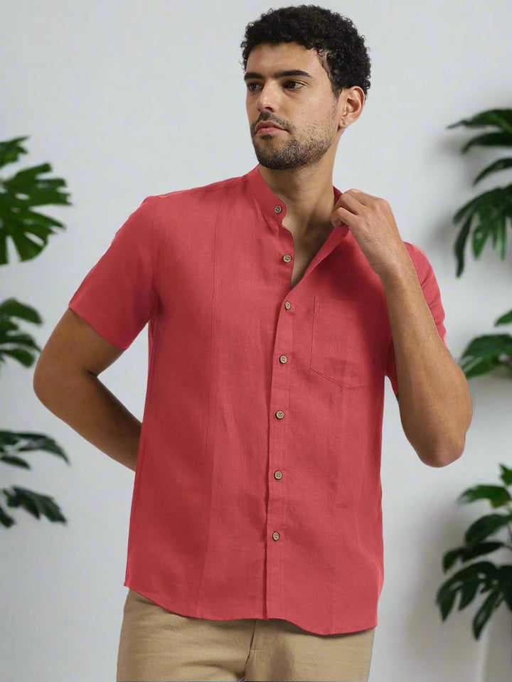 Trevor - Pure Linen Mandarin Collar Half Sleeve Shirt - Coral Peach