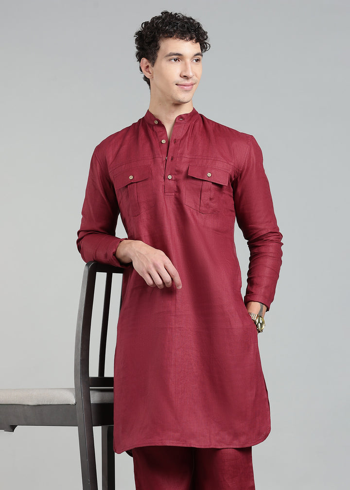 Karan - Pure Linen Mandarin Collar Regular Kurta - Red Wine