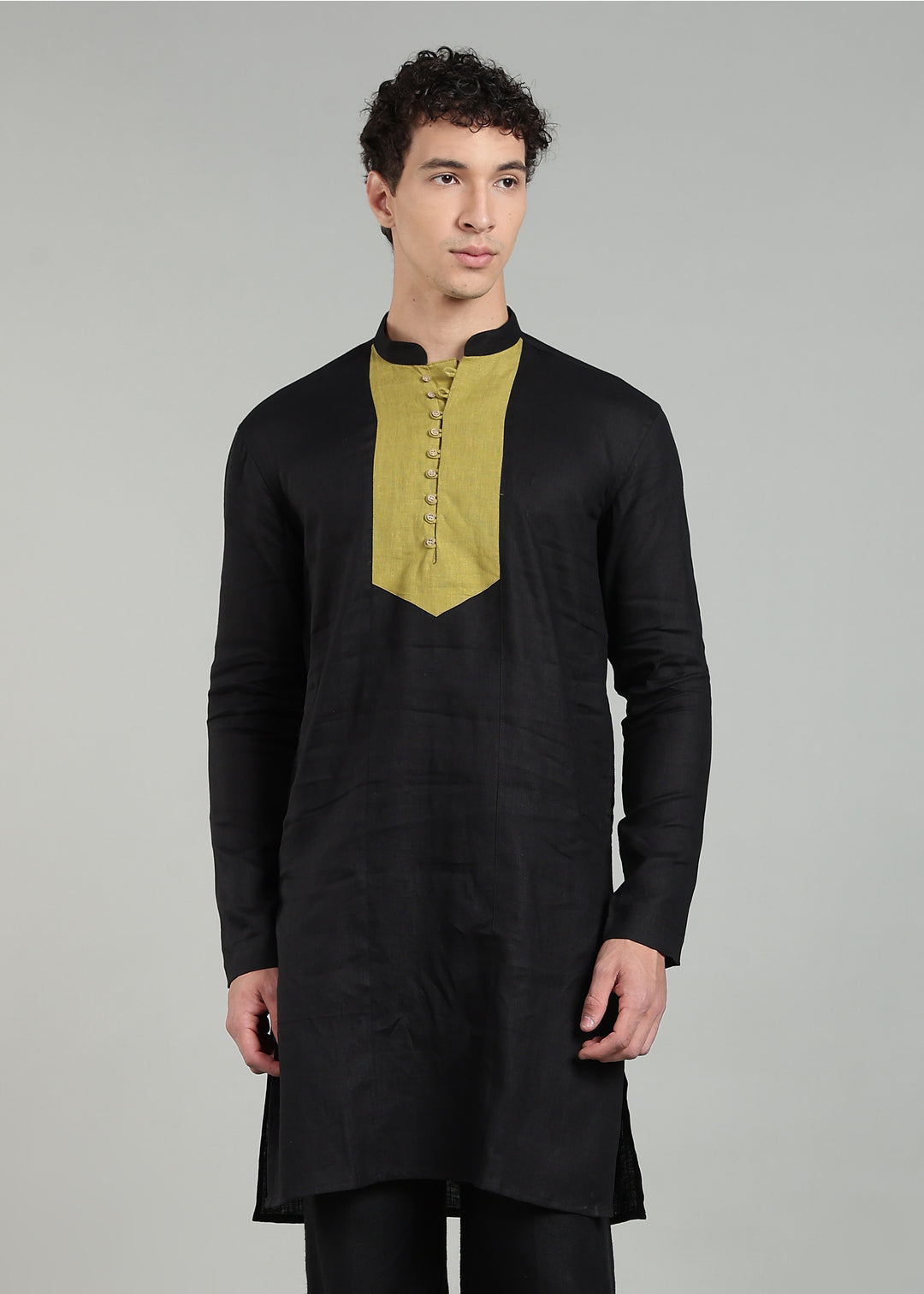 Gul - Pure Linen Mandarin Collar Regular Kurta - Black & Sap Green