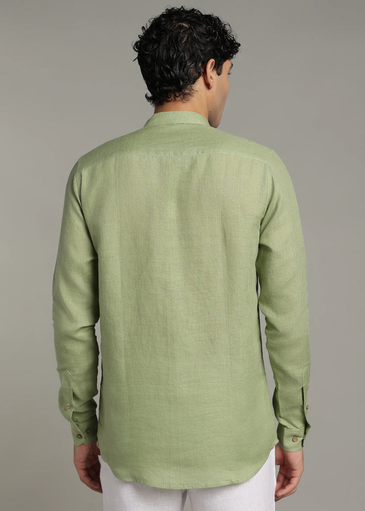 Yue - Pure Linen V Neck Full Sleeve Shirt - Peppermint Green