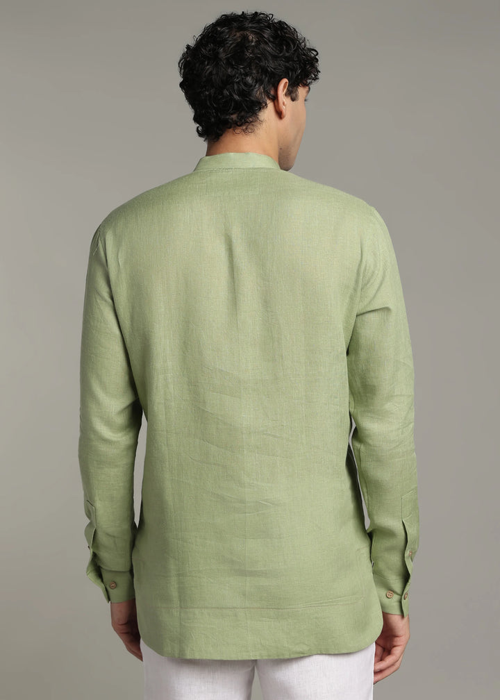 Saif - Pure Linen Full Sleeve Short Kurta with Hem Stitch Detail - Peppermint Green