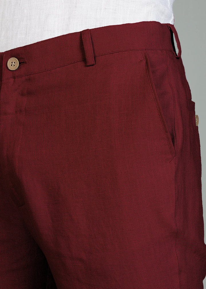 Ian Pure Linen Trousers - Dark Maroon