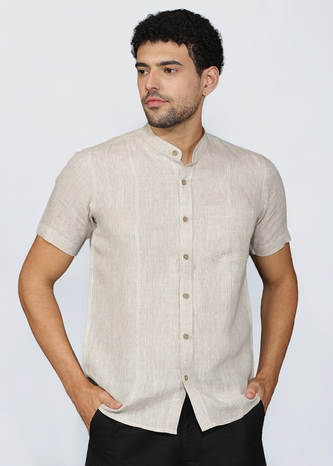 Trevor - Pure Linen Mandarin Collar Half Sleeve Shirt - Ecru