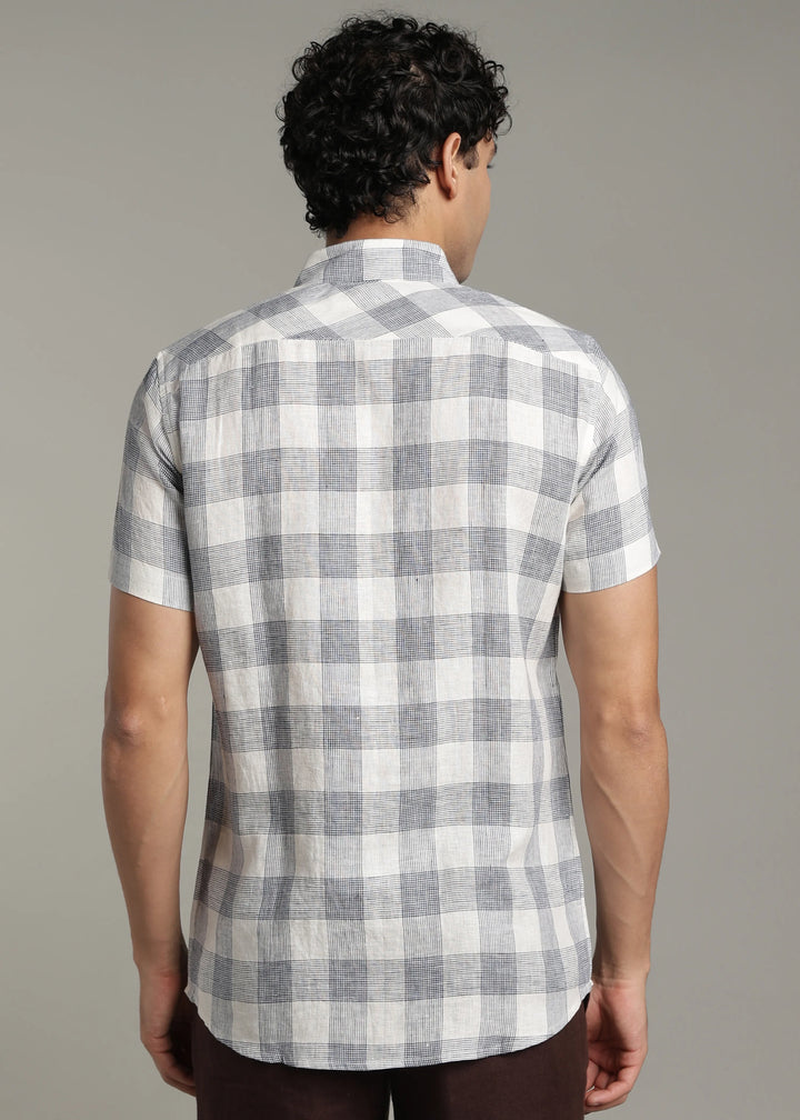Glen- Pure Linen Half Sleeve Checks Shirt - White