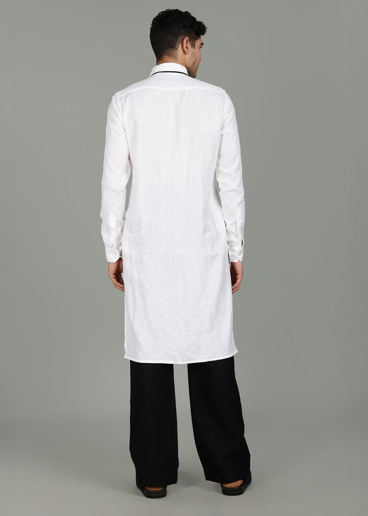 Man wearing a 100% pure linen white long kurta in 44 LEA with a gray background
