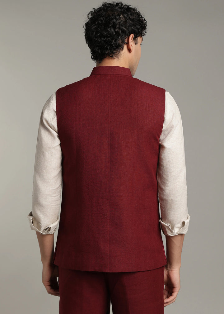 Gulzar - Hand Embroidered Pure Linen Nehru Jacket - Dark Maroon