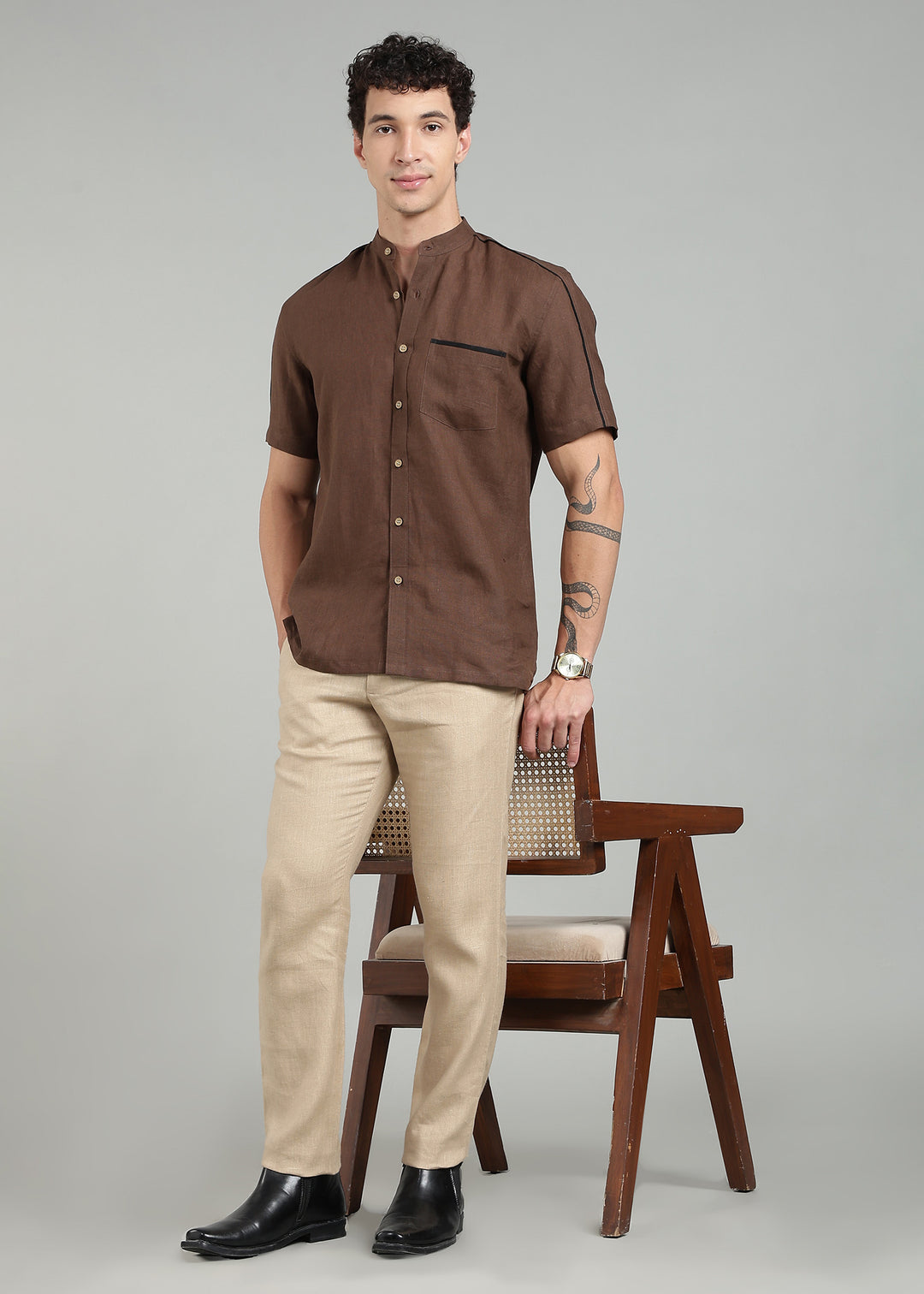 Coffee Brown Pure Linen Half Sleeve Shirt for Men Linen Trail Coffee Brown Pure Linen Half Sleeve Shirt for Men Linen Trail