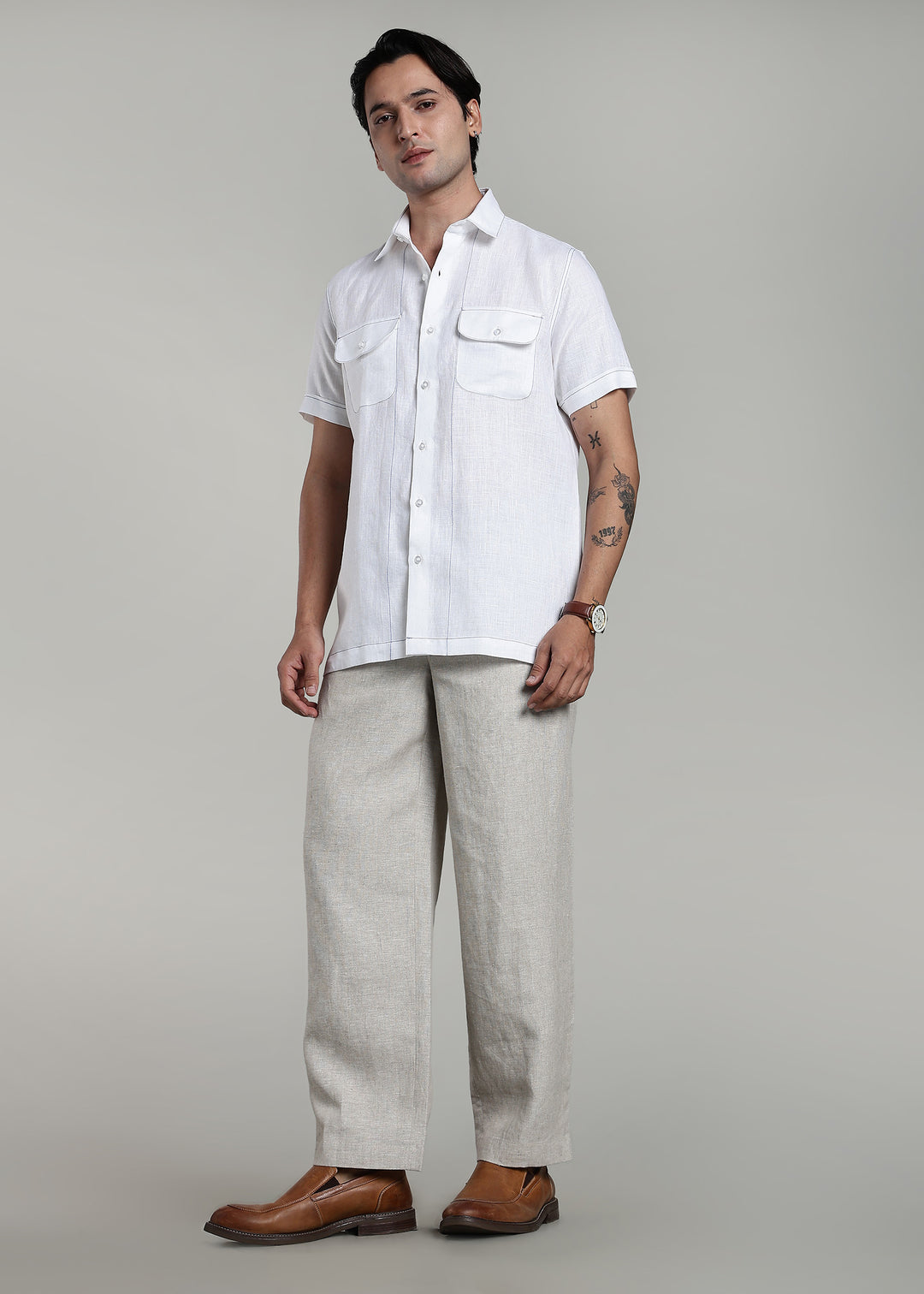 Eden - Pure Linen Half Sleeve with Contrast Stitch Detail - White & Egyptian Blue