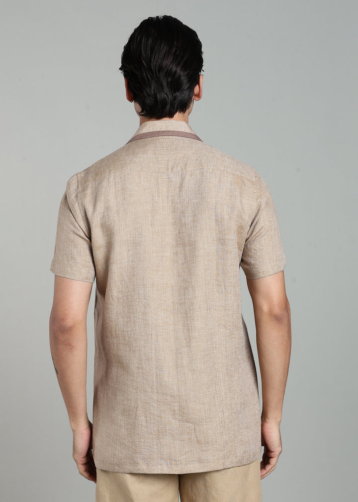 Sand - Pure Linen Half Sleeve Cuban Collar Shirt with Contrast Piping - Mocha