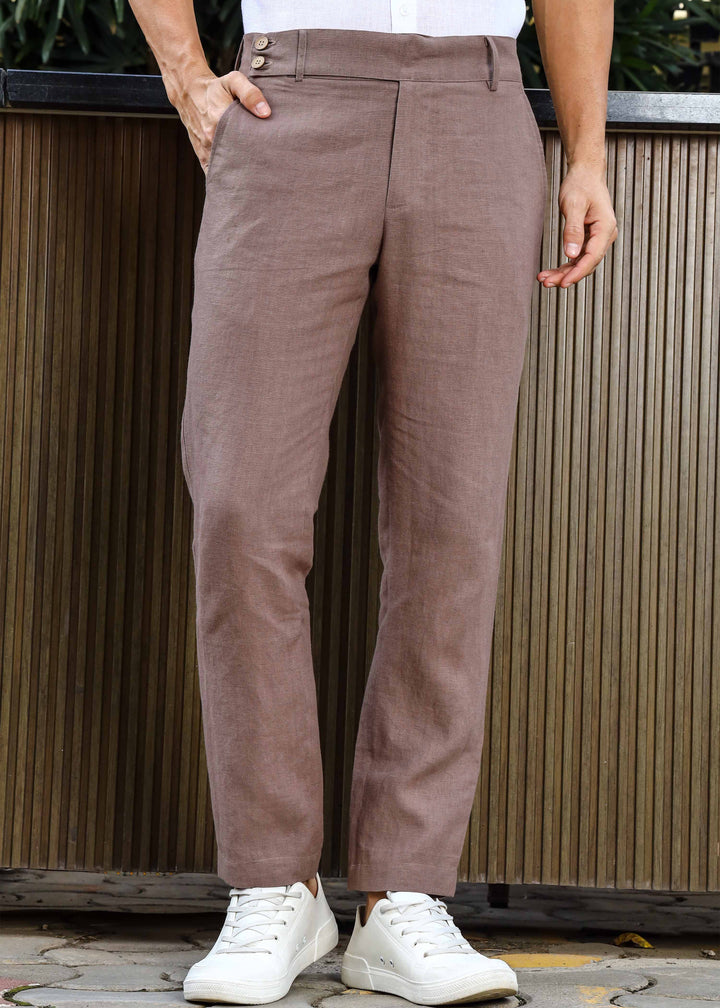 Brandon Double Button Broad Pure Linen Trousers - Muted Brown