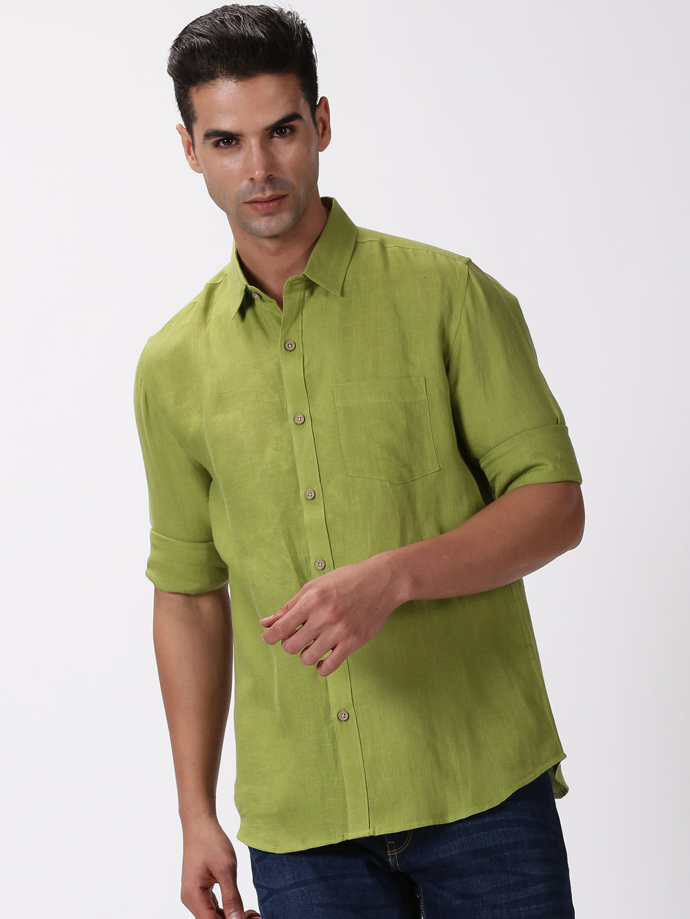 Kian - Pure Linen Regular Collar Full Sleeve Shirt - Peridot Green