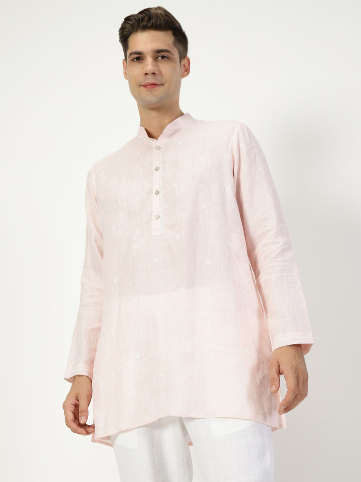 Ved Kurta Sets - Embroidered Pure Linen Short Kurta | Light Pink