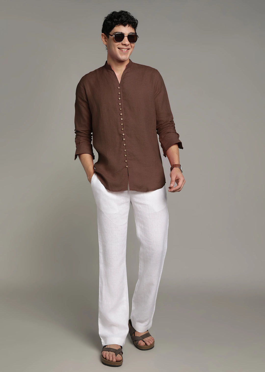 Yue - Pure Linen V Neck Full Sleeve Shirt - Coffee Brown