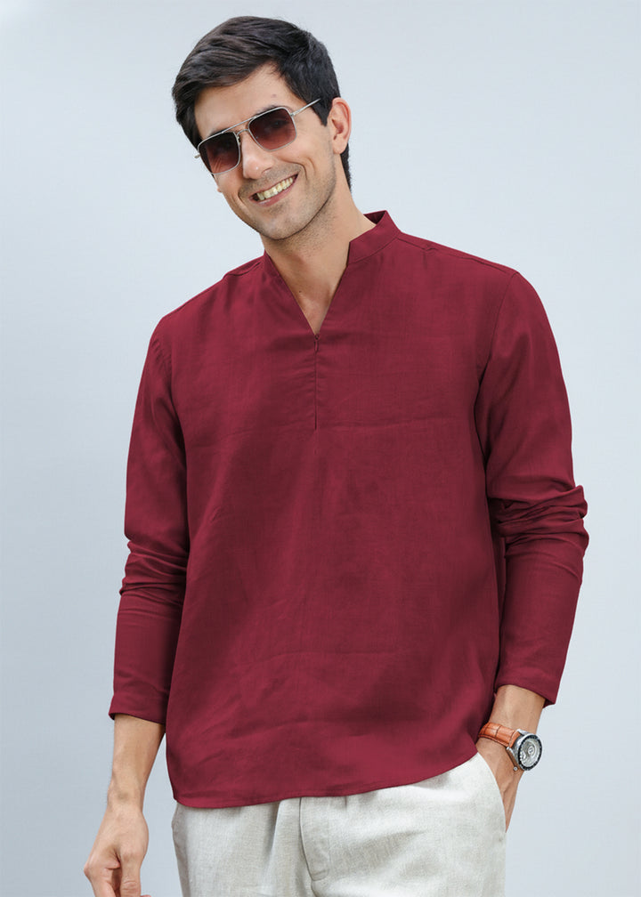 Arnav - Full Sleeve Broad-Notched Collar Pure Linen Short Kurta - Red Wine