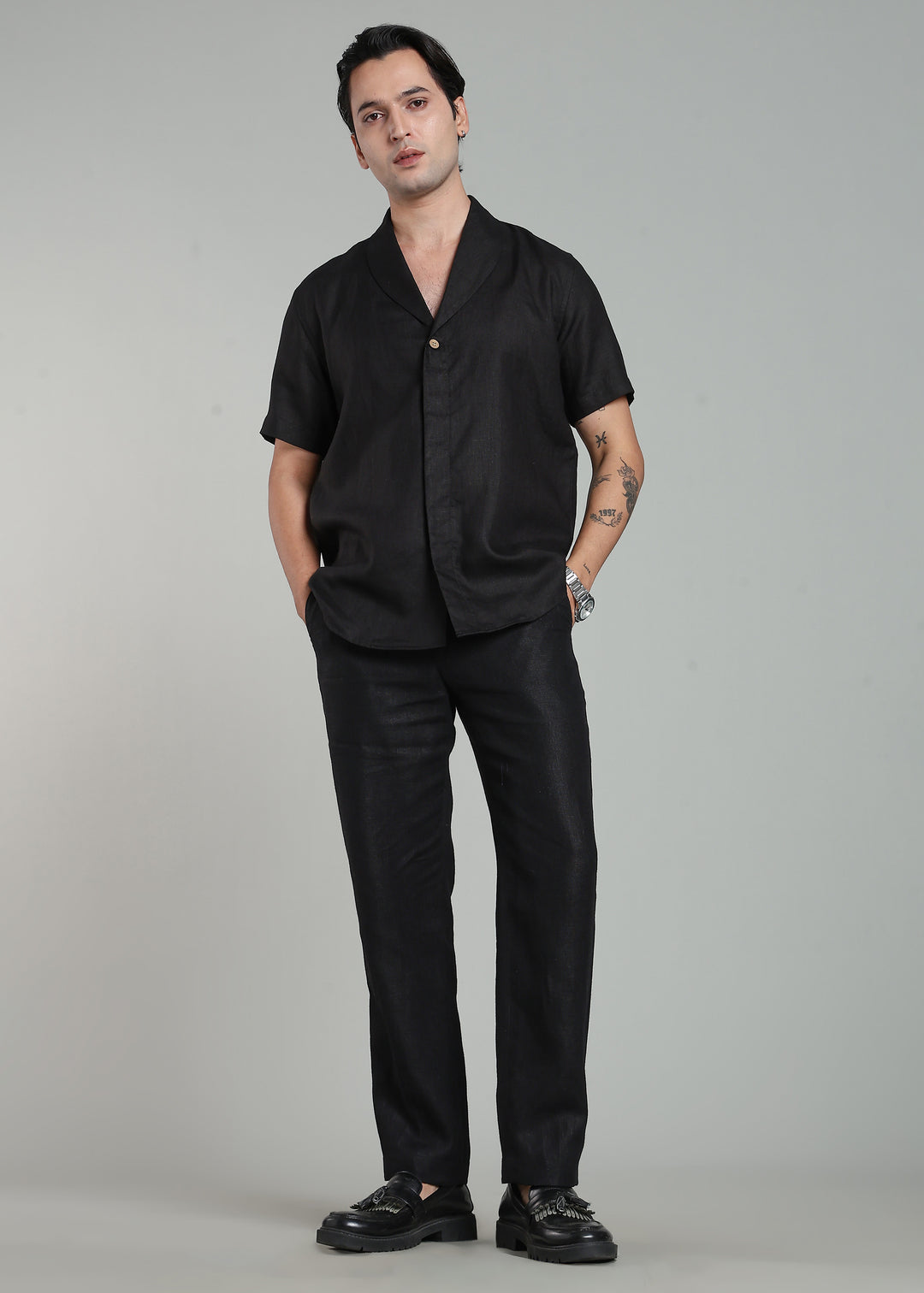 Cyrus - Pure Linen Half Sleeve Shawl Collar Shirt - Black