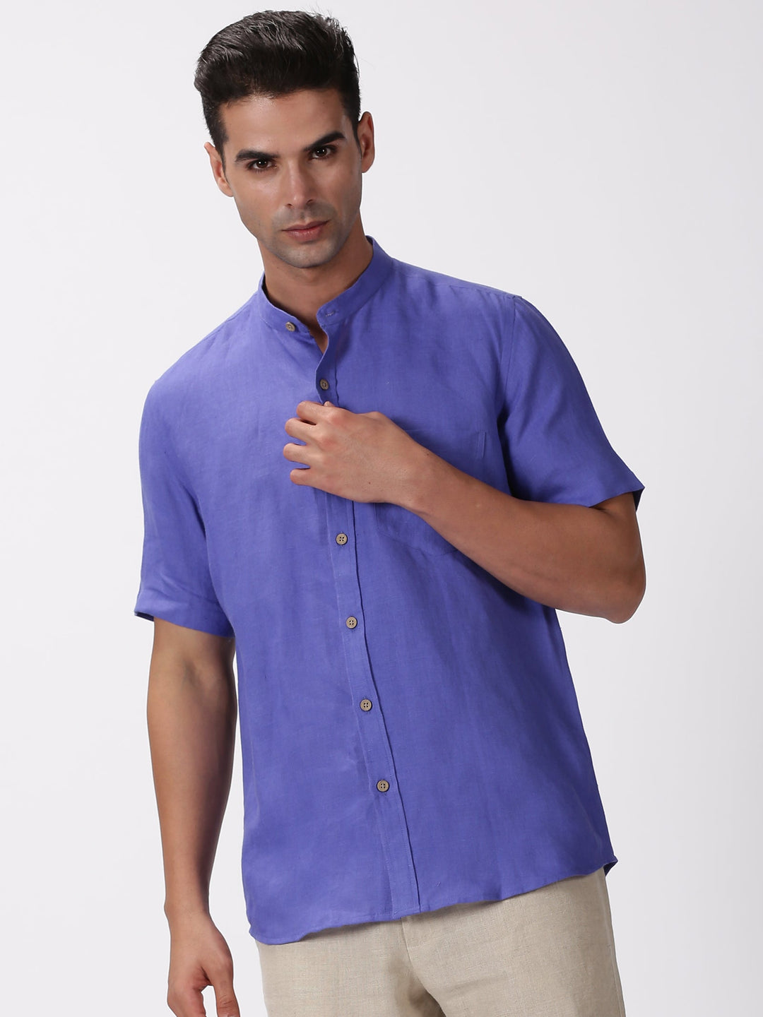 Enzo - Pure Linen Mandarin Collar Half Sleeve Shirt - Iris Purple | Rescue