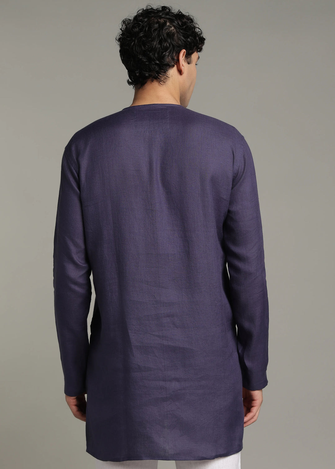 Zouq - Full Sleeve Collarless Pure Linen Mid Kurta  - Lapis Violet