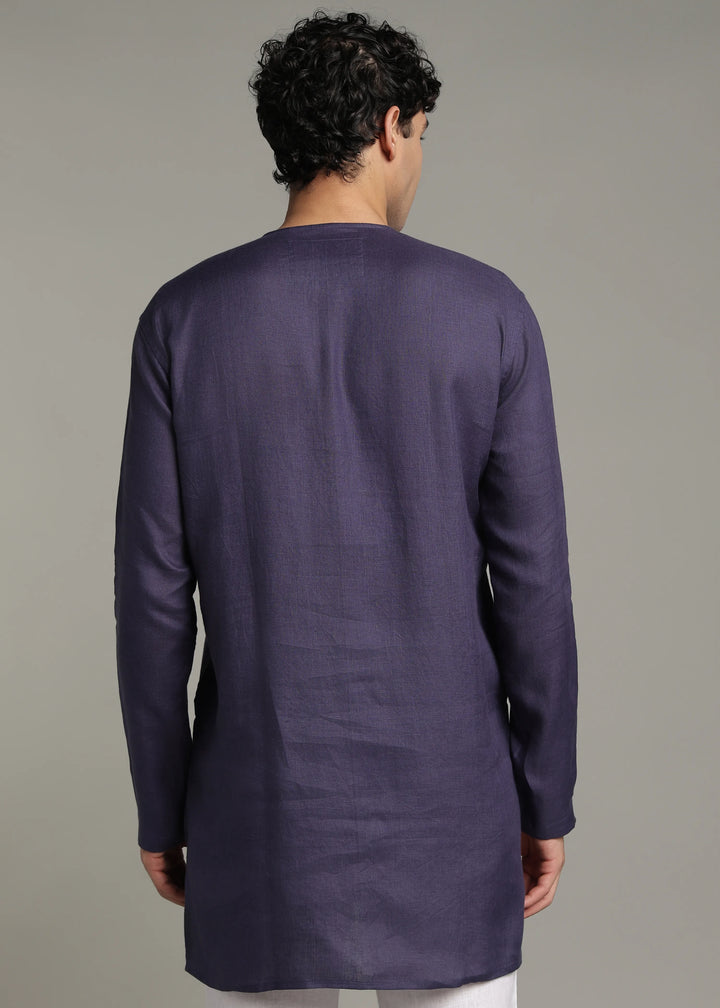 Zouq - Full Sleeve Collarless Pure Linen Mid Kurta  - Lapis Violet
