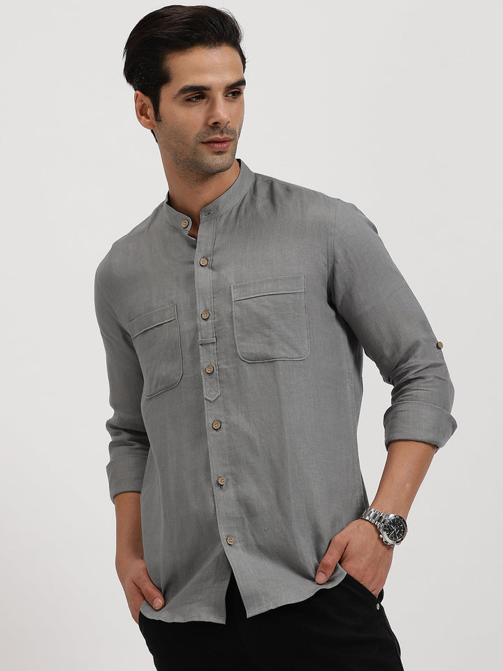 Luca - Pure Linen Double Pocket Full Sleeve Shirt - Slate Grey | Rescue