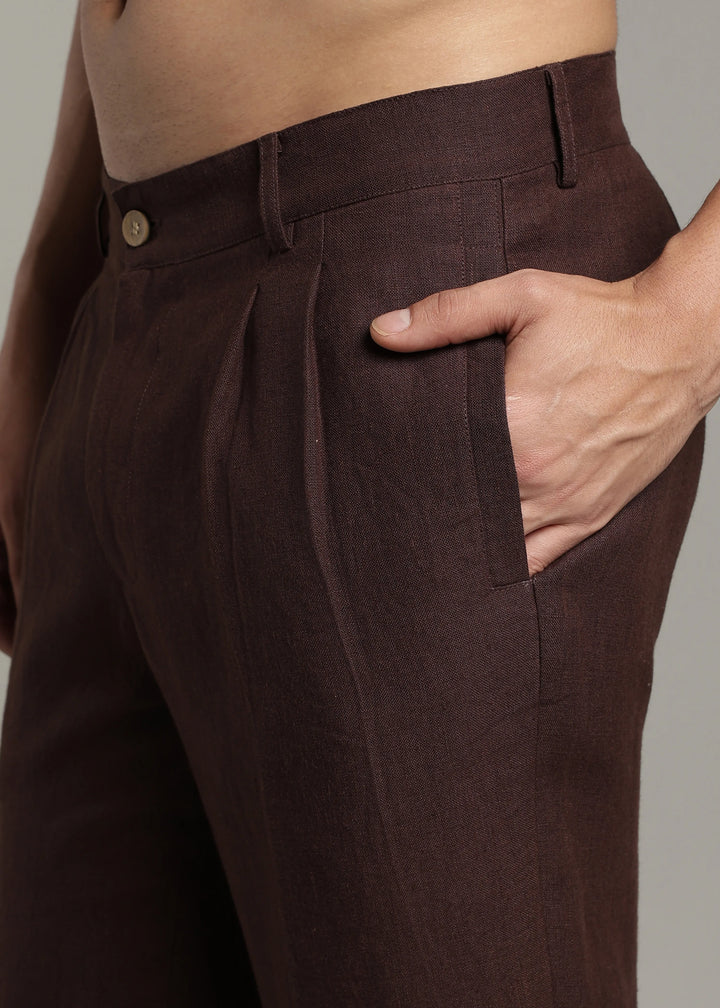 Calvin - Pure Linen Double Pleated Trousers - Cocoa Brown