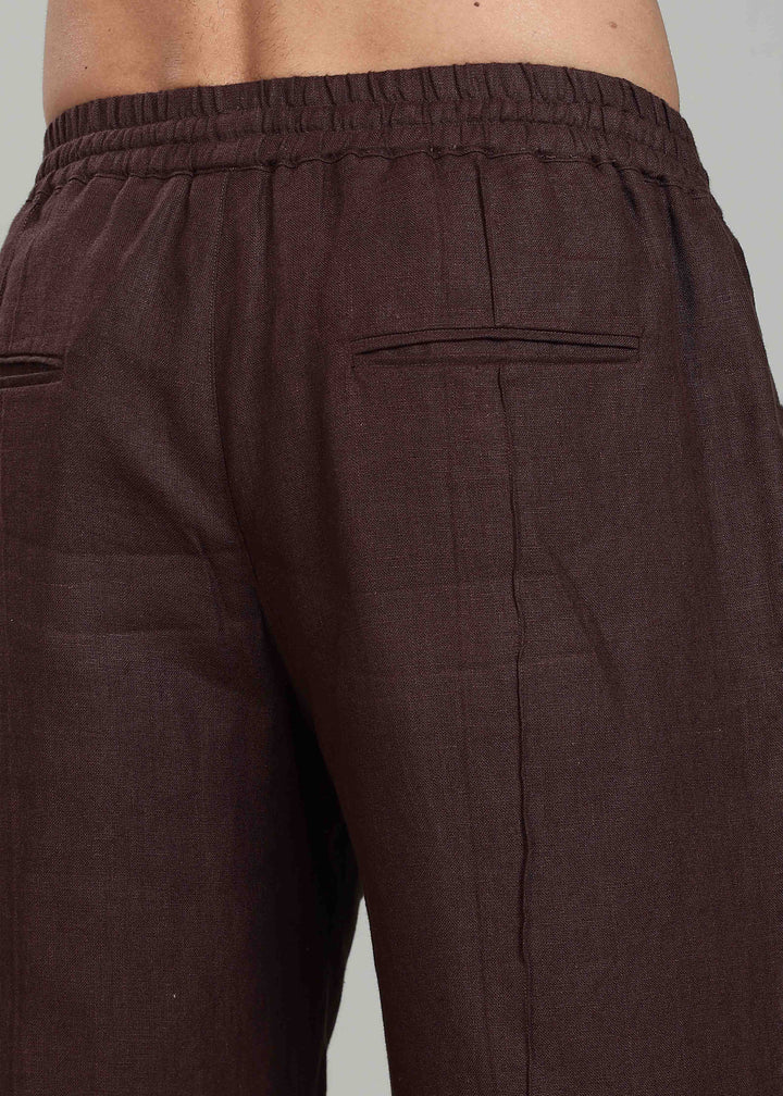 Art Pants - Pure Linen Elastic Casual Pants with Drawstrings - Cocoa Brown