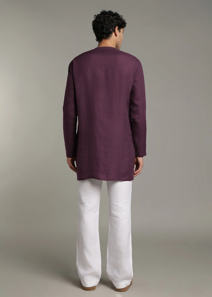 Zouq - Full Sleeve Collarless Pure Linen Mid Kurta  - Dark Purple