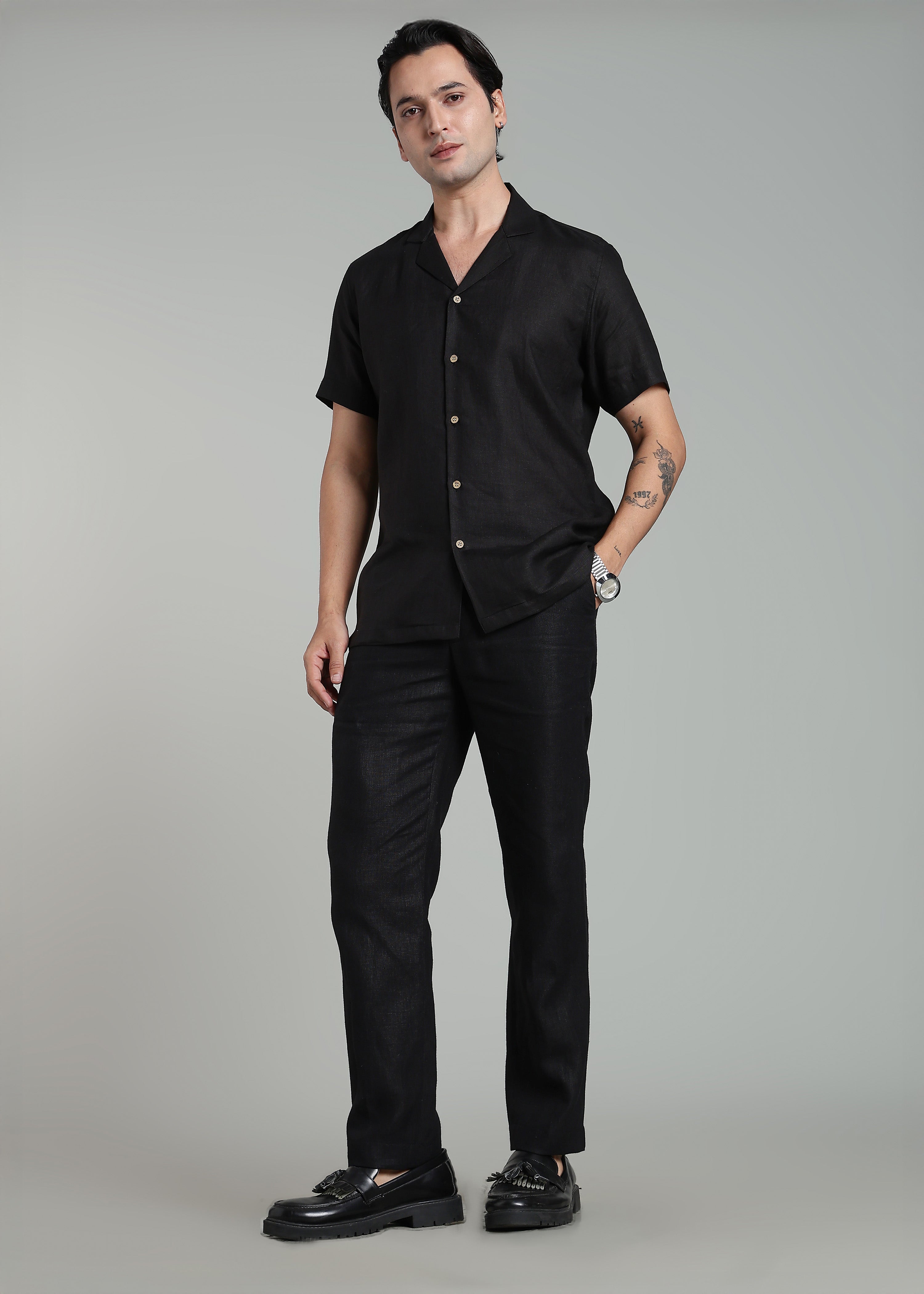Black Cuban Collar Pure Linen Half Sleeve Shirt for Men – Linen Trail