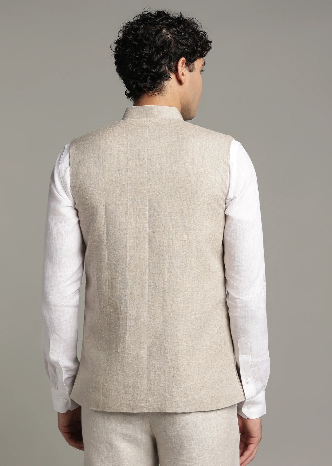 Gulzar - Hand Embroidered Pure Linen Nehru Jacket - Dark Ecru
