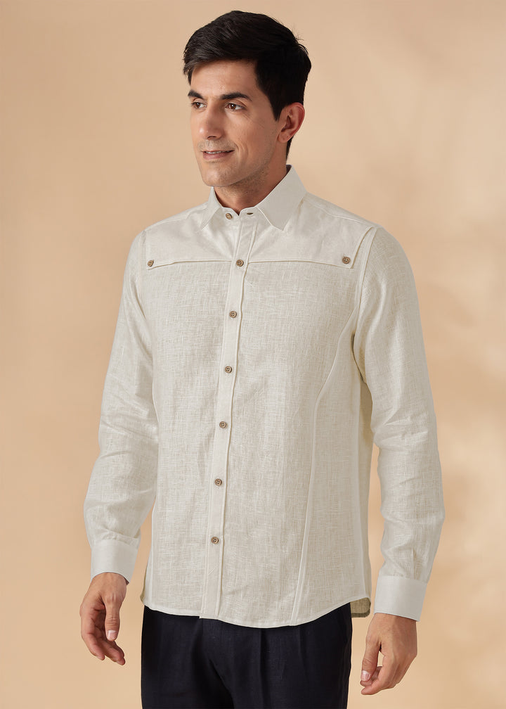 Bronco - Pure Linen Full Sleeve Shirt with Detachable Front Yoke - Ecru