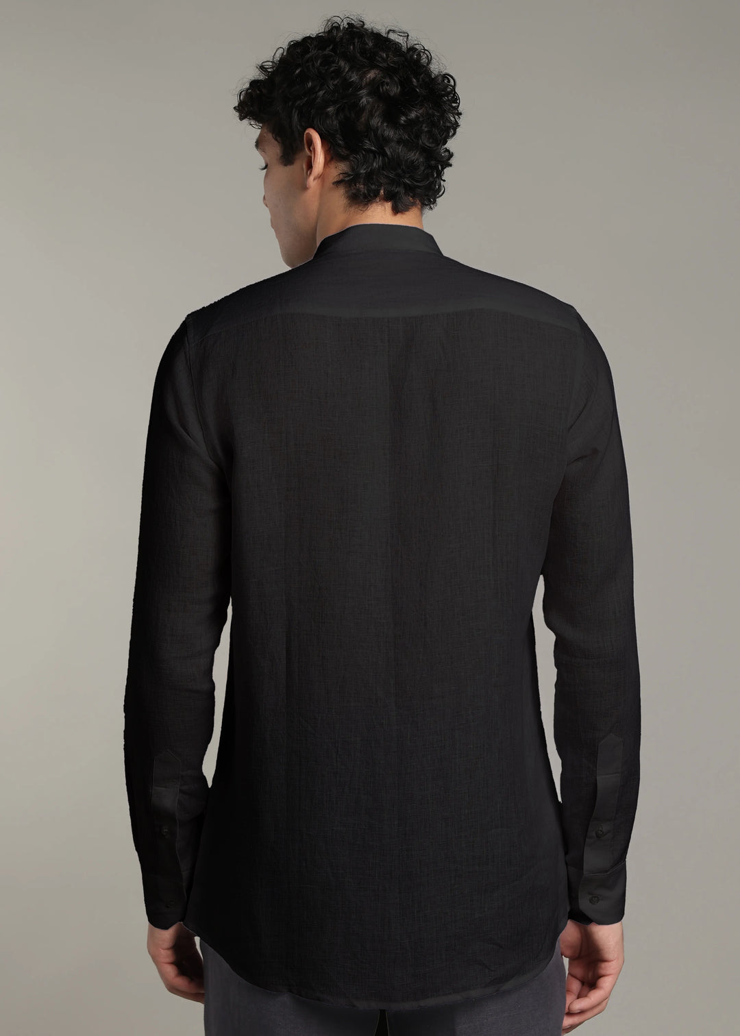 Zephr - Pure Linen Mandarin Collar Lace Detail Full Sleeve Shirt - Black
