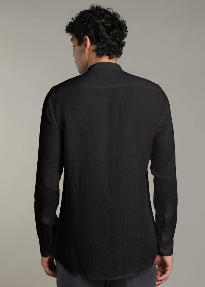 Zephr - Pure Linen Mandarin Collar Lace Detail Full Sleeve Shirt - Black