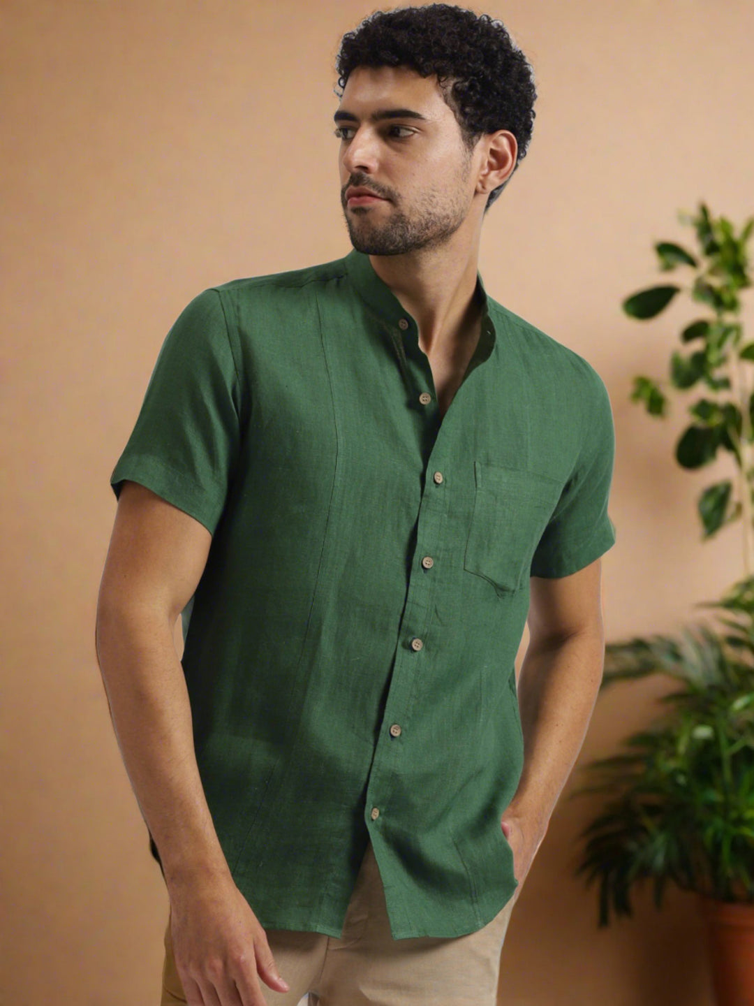 Trevor - Pure Linen Mandarin Collar Half Sleeve Shirt - Dark Green