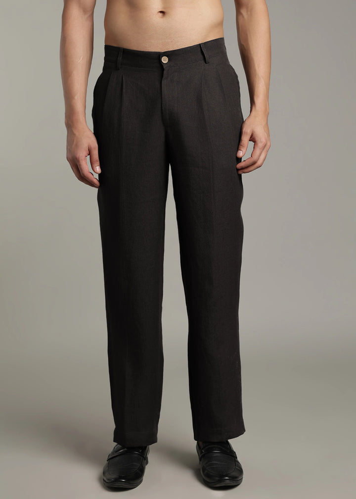 Calvin - Pure Linen Double Pleated Trousers - Black