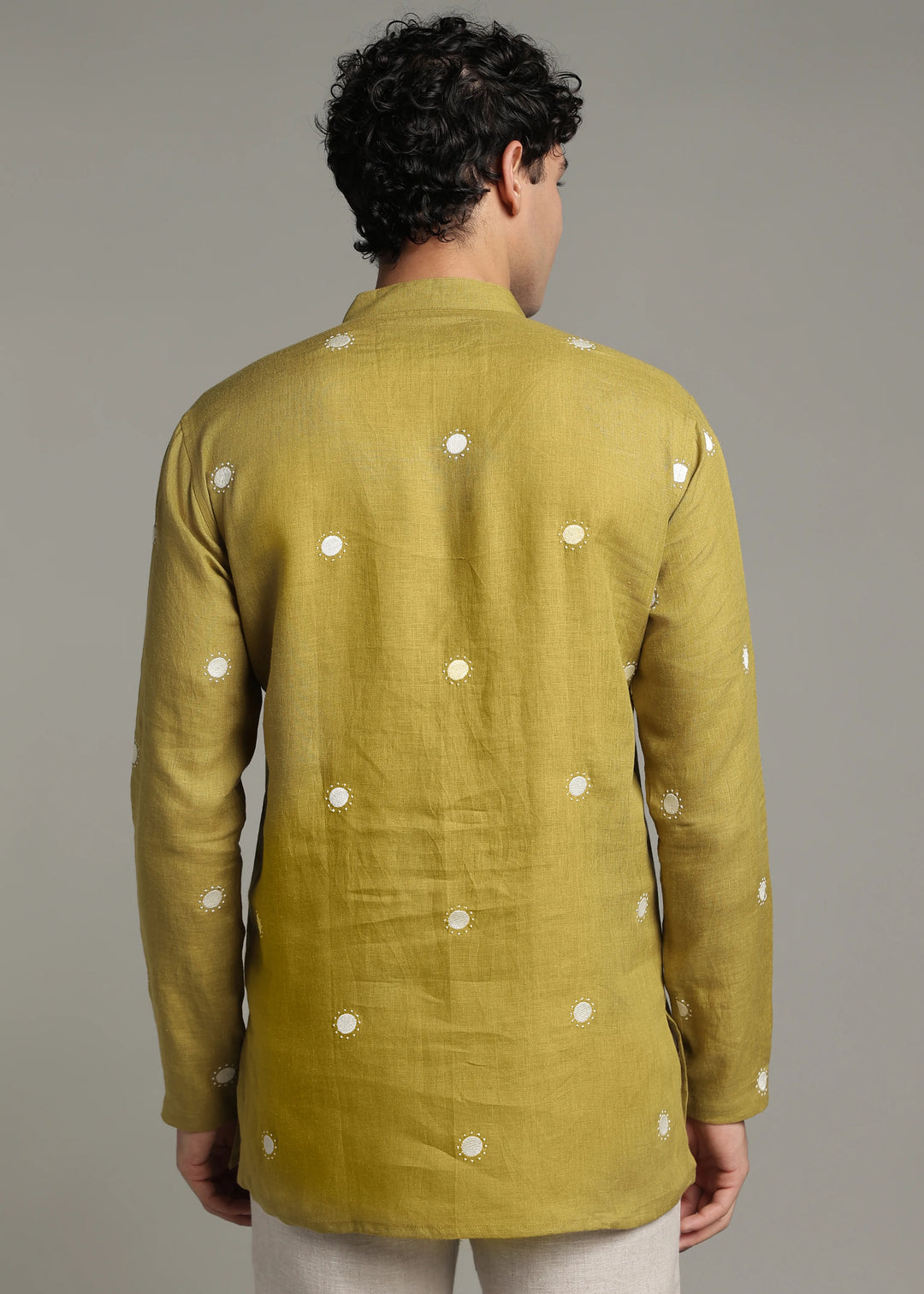 Dot - Pure Linen Embroidered Full Sleeve Short Kurta - Sap Green
