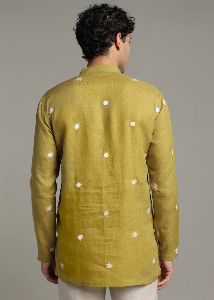 Dot - Pure Linen Embroidered Full Sleeve Short Kurta - Sap Green